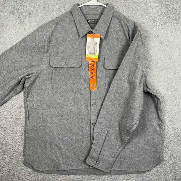NEW Eddie Bauer Mens 2XL Double Brushed Chamois Shirt Gray Flap Pocket Button Up
